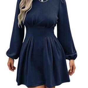 Long Puff Sleeve High Waist A Line Work Dress Business Casual Office